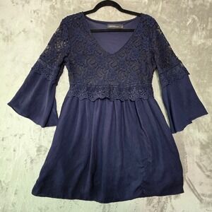 Zanzea Collection Navy Blue Lace V-Neck Bell Sleeve Boho Empire Waist Dress M